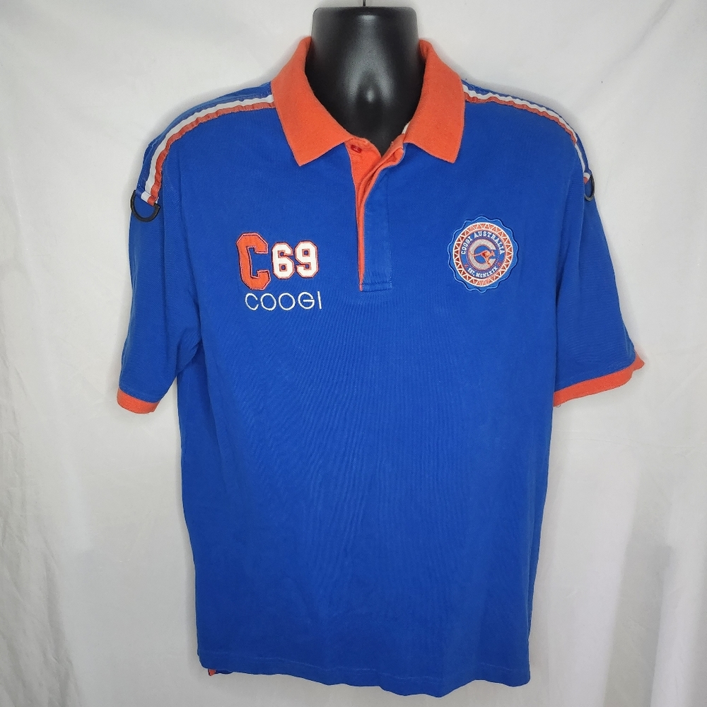 Mens Vintage VTG 90s Coogi Australia C69 Logo Blue and Orange Polo Shirt Size XL